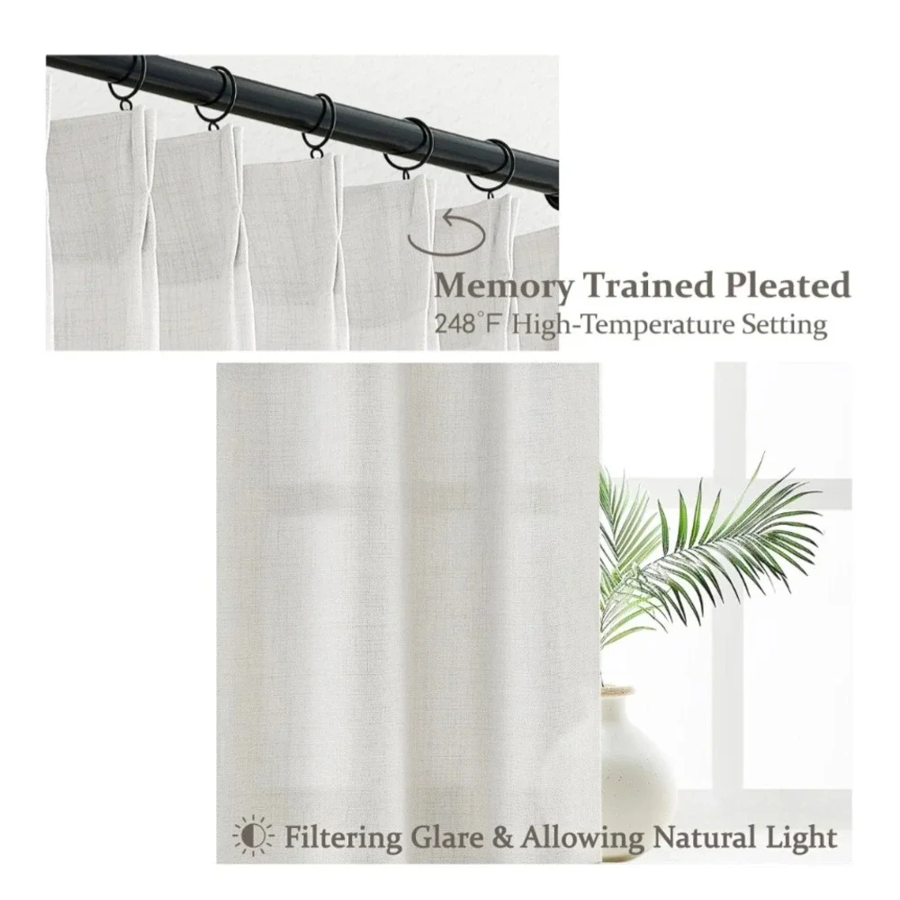 OVZME White Linen Pinch Pleated Curtains 40x72 Set of 2‎ Light Filtering 300gsm